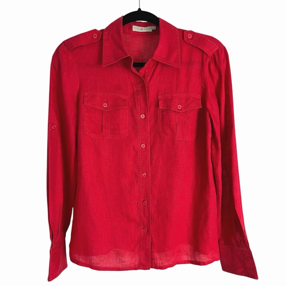 Tory Burch Harbor Brigitte Red Linen Utility Roll Tab Button Down Blouse Size 4